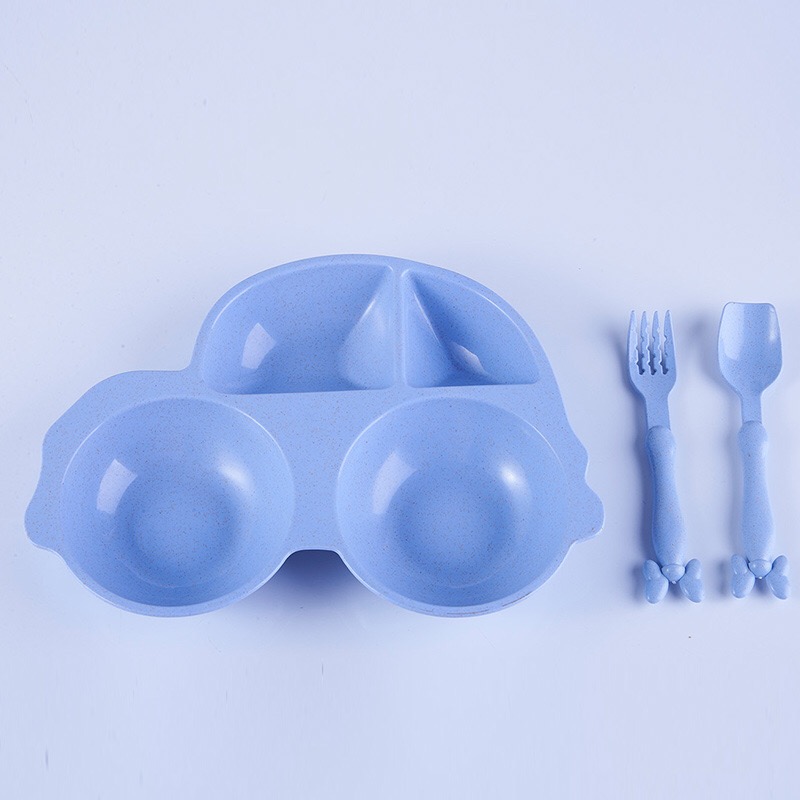 Children Gift Wheat Straw Plastic Baby Disposal Bamboo Powder Hotel Tableware Set with Fork Spoon Plate