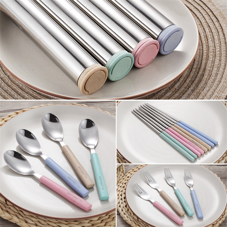 Free Sample Wheat Straw Stainless Outdoor Picnic Tableware Set