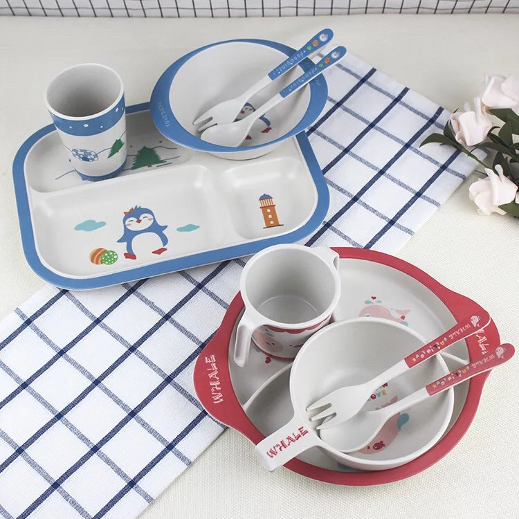Kids Lunch Box BPA Free With Water Bottle Bamboo Dinnerware Set 