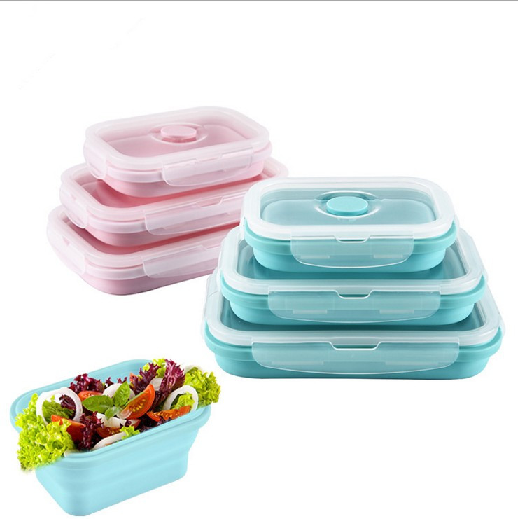 Eco-friendly Collapsible Silicone Folding Bento Lunch Box with Plastic Lid