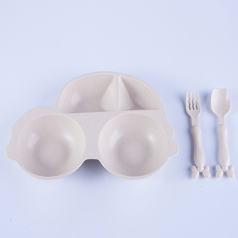 Children Gift Wheat Straw Plastic Baby Disposal Bamboo Powder Hotel Tableware Set with Fork Spoon Plate