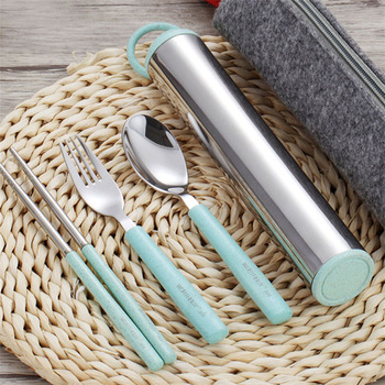 Free Sample Wheat Straw Stainless Outdoor Picnic Tableware Set