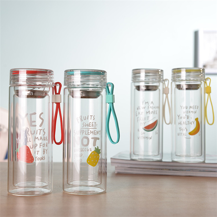 Factory Wholesale Double Wall Glass Water Bottle with Tea Strainer