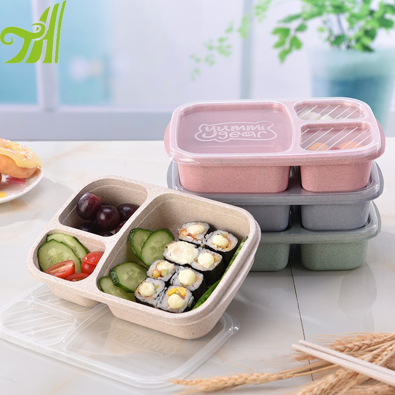 Factory Price Three Compartments Wheat Straw Plastic Bento Lunch Box