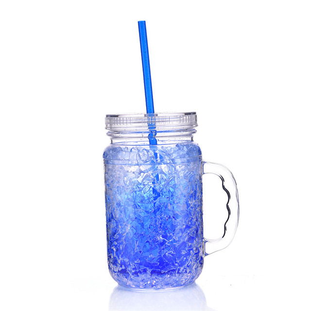 Double Wall Freezer Mason Jar, Freezable Gel Shot Glasses, Ice Cup with Straw