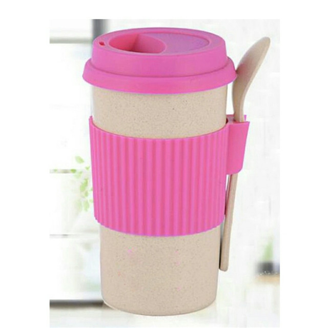 Wheat Straw Fiber Biodegradable Kid -friendly Mealtime Dinnerware Wheat Fiber Cup With Cover Spoon Food Grade Non toxic