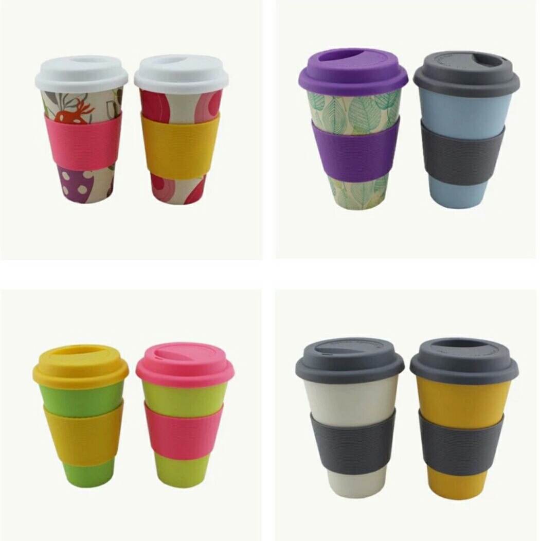 Eco- Friendly Bamboo Fiber Coffee Cup Water Bottles With Silicone Sleeves