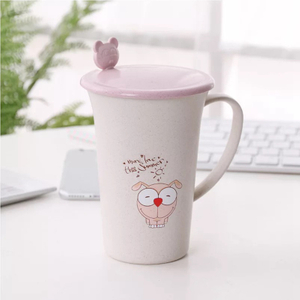  Cartoon Insulated Cup with Lid, Reusable Spoon & Lid - 400-500ml Degradable Wheat Straw Water Bottle (Blue, Pink, And Green)
