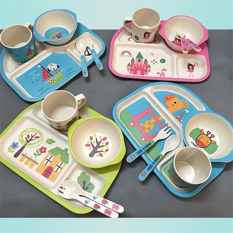 Durable Cartoon Wheat Straw Children's Lunch Plate Set, Eco-Friendly Bamboo Dinnerware, Food-Safe Feeding Set for Boys And Girls