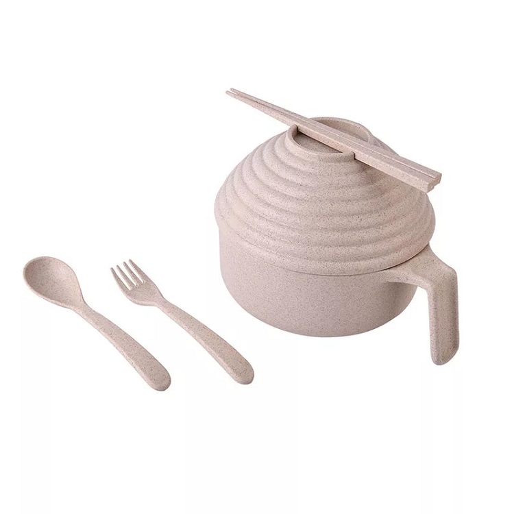 Dual Purpose Healthy Degradable Wheat Material Noodle Bowl Handle Bowl Cutlery Set