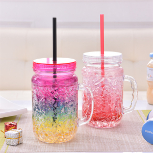 Double Wall Freezer Mason Jar, Freezable Gel Shot Glasses, Ice Cup with Straw