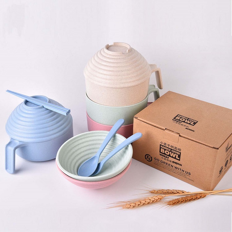 Dual Purpose Healthy Degradable Wheat Material Noodle Bowl Handle Bowl Cutlery Set