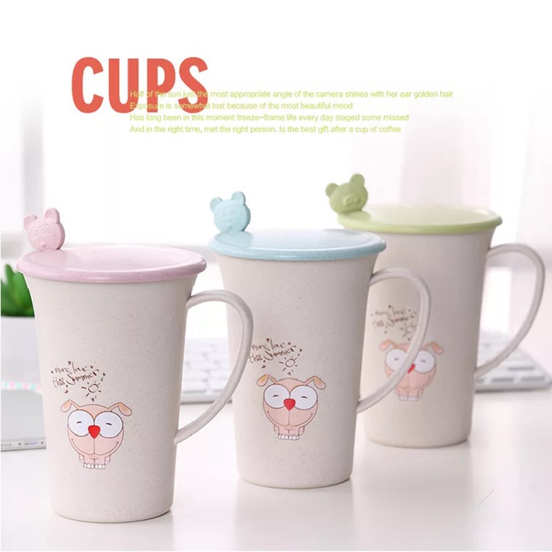  Cartoon Insulated Cup with Lid, Reusable Spoon & Lid - 400-500ml Degradable Wheat Straw Water Bottle (Blue, Pink, And Green)