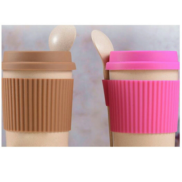 Wheat Straw Fiber Biodegradable Kid -friendly Mealtime Dinnerware Wheat Fiber Cup With Cover Spoon Food Grade Non toxic