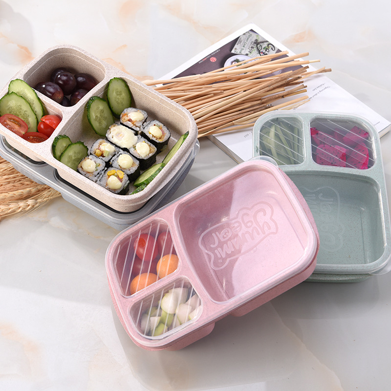 Factory Price Three Compartments Wheat Straw Plastic Bento Lunch Box