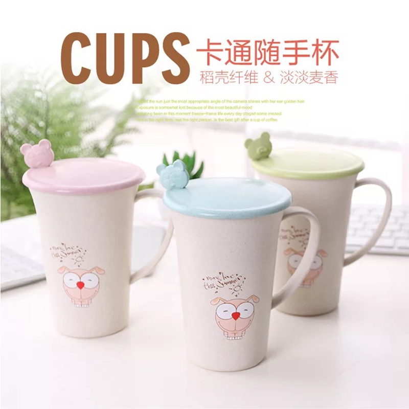  Cartoon Insulated Cup with Lid, Reusable Spoon & Lid - 400-500ml Degradable Wheat Straw Water Bottle (Blue, Pink, And Green)