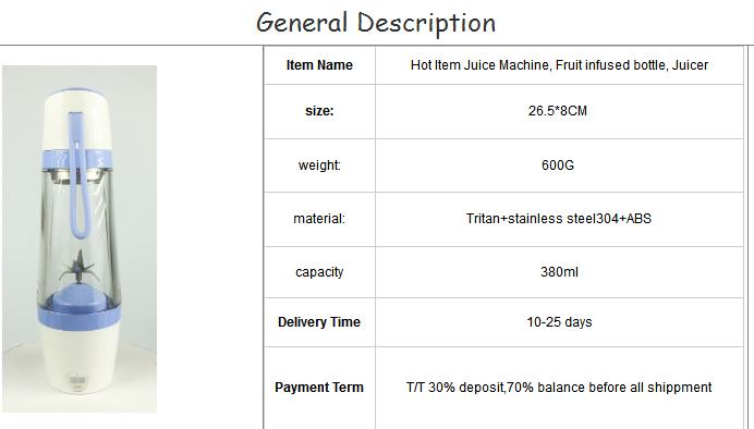 Product Description Amazon Hot Item Fruit Juicer, Electric Juice Machine, Juice Bottle General Description Amazon Hot Item Fruit Juicer, Electric Juice Machine, Juice Bottle Item Name Amazon Hot Item Fruit Juicer, Electric Juice Machine, Juice Bottle size: 26.5*8CM weight: 600G material: Tritan+stainless steel304+ABS capacity 380ml Delivery Time 10-25 days Payment Term T/T 30% deposit,70% balance before all shippment Amazon Hot Item Fruit Juicer, Electric Juice Machine, Juice Bottle Amazon Hot Item Fruit Juicer, Electric Juice Machine, Juice Bottle Amazon Hot Item Fruit Juicer, Electric Juice Machine, Juice Bottle Amazon Hot Item Fruit Juicer, Electric Juice Machine, Juice Bottle Amazon Hot Item Fruit Juicer, Electric Juice Machine, Juice Bottle