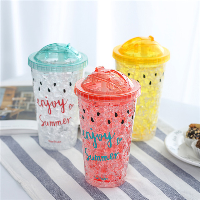 Double Wall Plastic Frosted Beer Mug Ice Cup, coffee or Juice Mug with Lid