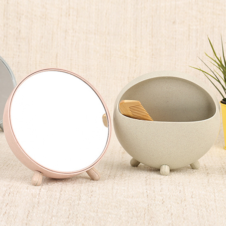 New Wheat Straw biodegradable Ladies Makeup Desktop Mirror With Comb Organizer Free Samples