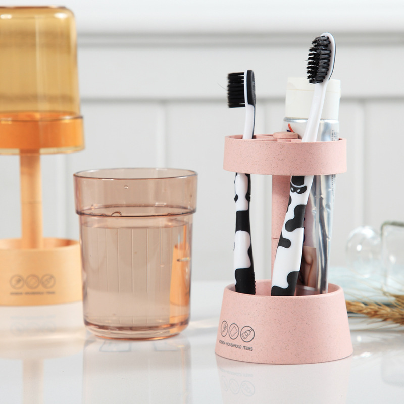 Clear Cover Pink Plastic Toothbrush Holder With bamboo Toothbrush Toothpaste