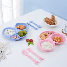 Children Gift Wheat Straw Plastic Baby Disposal Bamboo Powder Hotel Tableware Set with Fork Spoon Plate