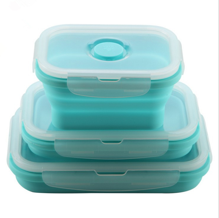 Eco-friendly Collapsible Silicone Folding Bento Lunch Box with Plastic Lid