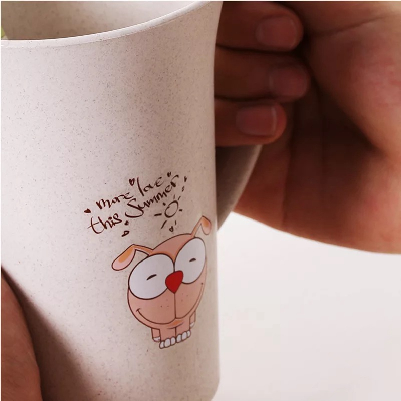  Cartoon Insulated Cup with Lid, Reusable Spoon & Lid - 400-500ml Degradable Wheat Straw Water Bottle (Blue, Pink, And Green)