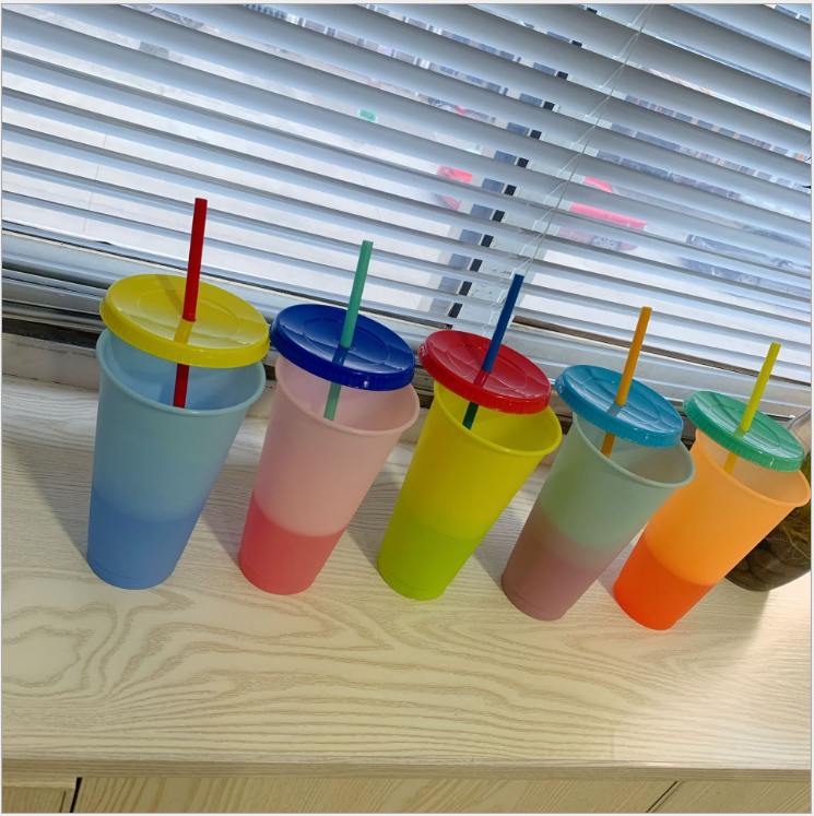 PP Temperature Sensitive Plastic Color Changing Cup Cold Water Coffee Colorful Rainbow Straw Cup