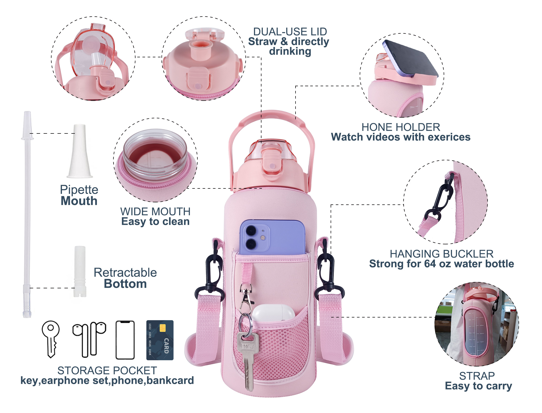 THVALUE Pink 64 Oz Water Bottle with Straw Motivational Water Bottle with Time Marker Half Gallon Water Bottles with Sleeve