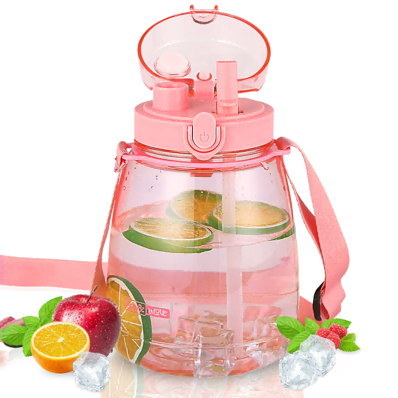 THVALUE 1.3L Large Water Bottle with Straw Adjustable Strap Timet tracker Pudding Waterbottle with Flip Top Cap for Walking Biking Hiking Camping Travel 