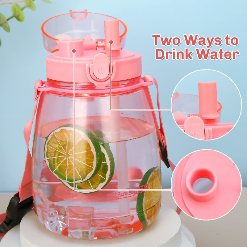 THVALUE 1.3L Large Water Bottle with Straw Adjustable Strap Timet tracker Pudding Waterbottle with Flip Top Cap for Walking Biking Hiking Camping Travel 