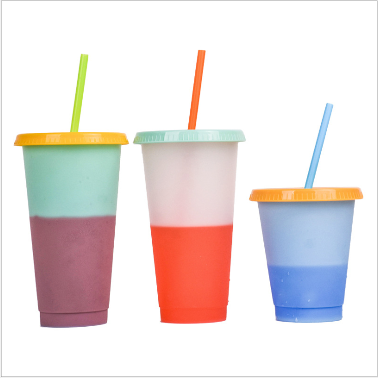 PP Temperature Sensitive Plastic Color Changing Cup Cold Water Coffee Colorful Rainbow Straw Cup