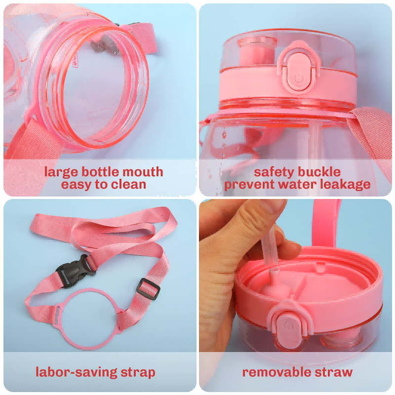 THVALUE 1.3L Large Water Bottle with Straw Adjustable Strap Timet tracker Pudding Waterbottle with Flip Top Cap for Walking Biking Hiking Camping Travel 