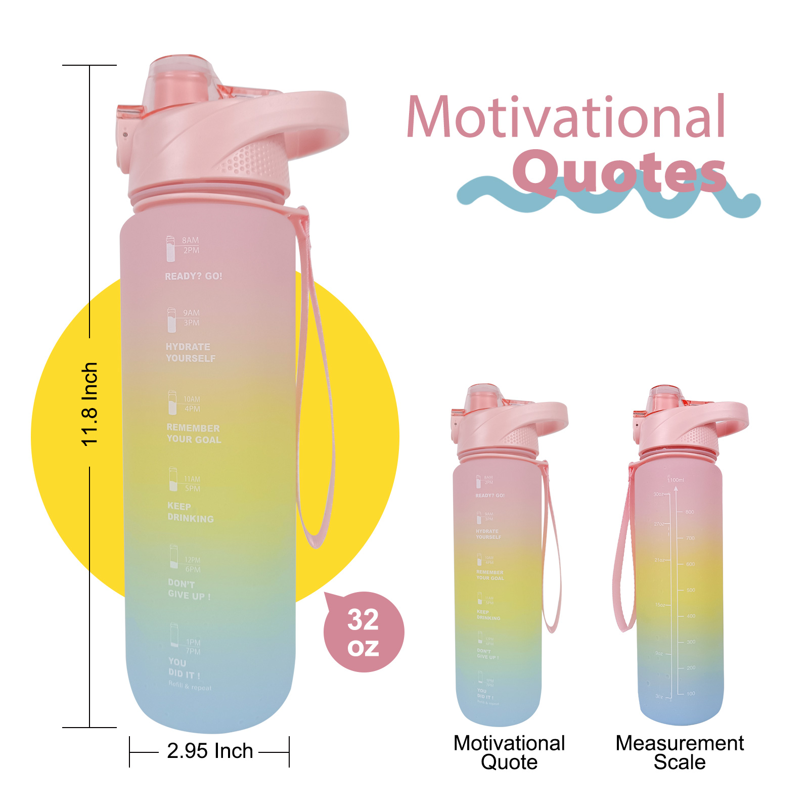 THVALUE 1.0L Customized Logo Portable Sport Water Bottle, 32 Oz Motivational Water Bottle with Time Marker for Outdoor Sport Hiking Gym Fitness 