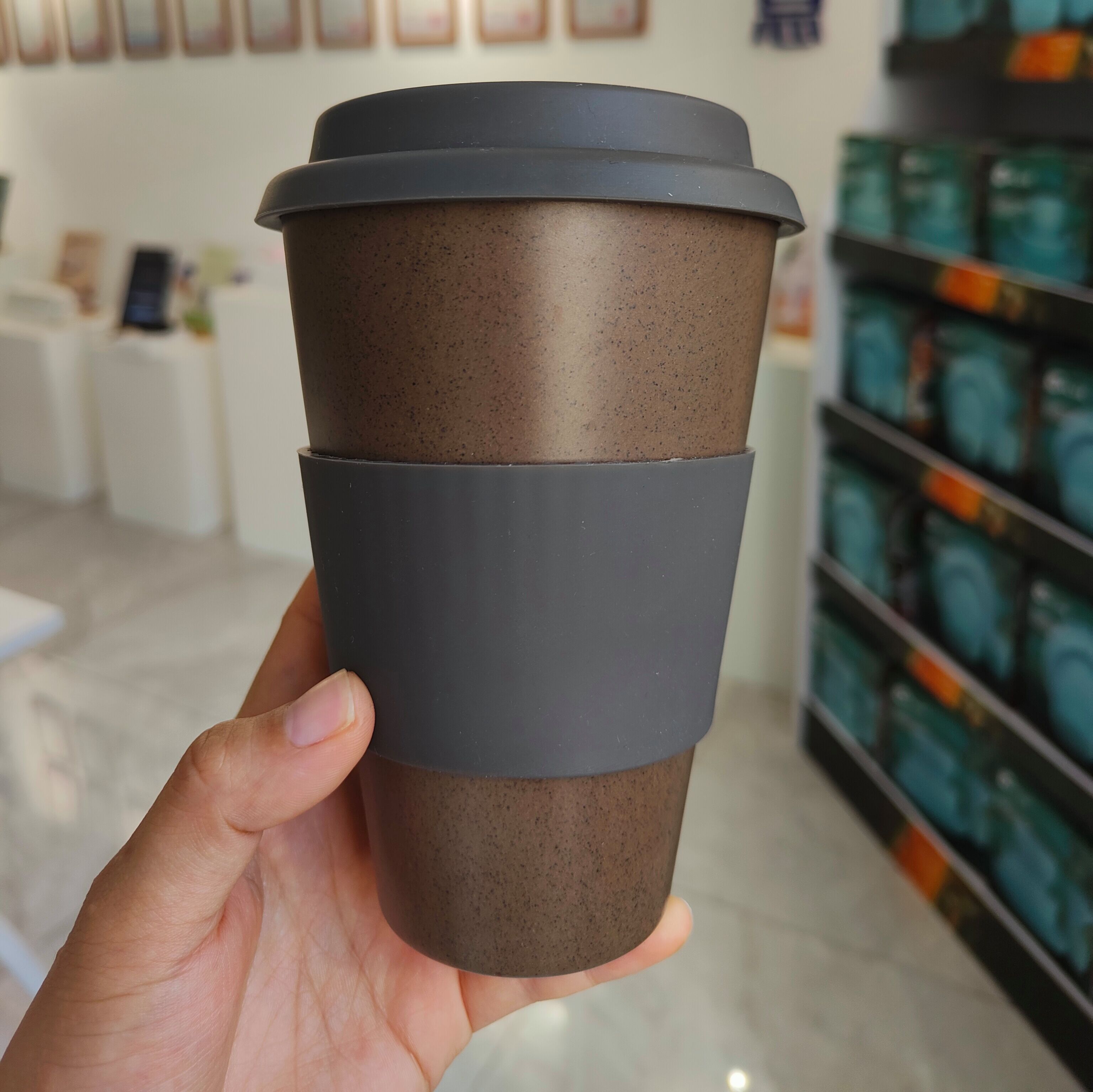 THVALUE Wholesale 450ml Coffee Grounds Melamine Mug Cup Eco-Friendly Bamboo Travel Mug Coffee Mugs With Silicone Lid 