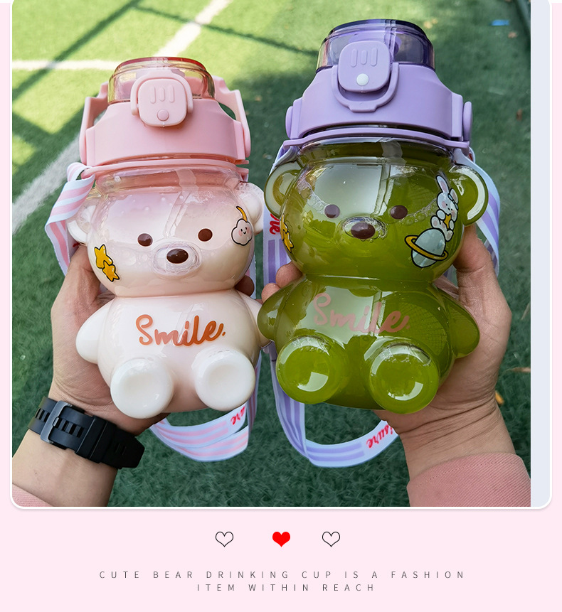 THVALUE 1100MLPortable Water Kettle with Phone Holder Cute Bear Shape Plastic Water Bottle Kawaii Cup Straw Cup With Cute Sticker And Stap 