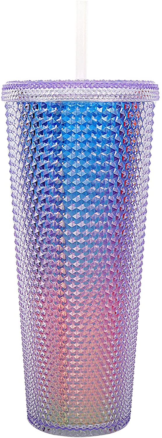 THVALUE 24oz Studded Double Wall Plastic Tumblers with Straw Color Changing Cold Water Cups with Leakproof Lids And Straw Reusable Large Coffee Tumblers