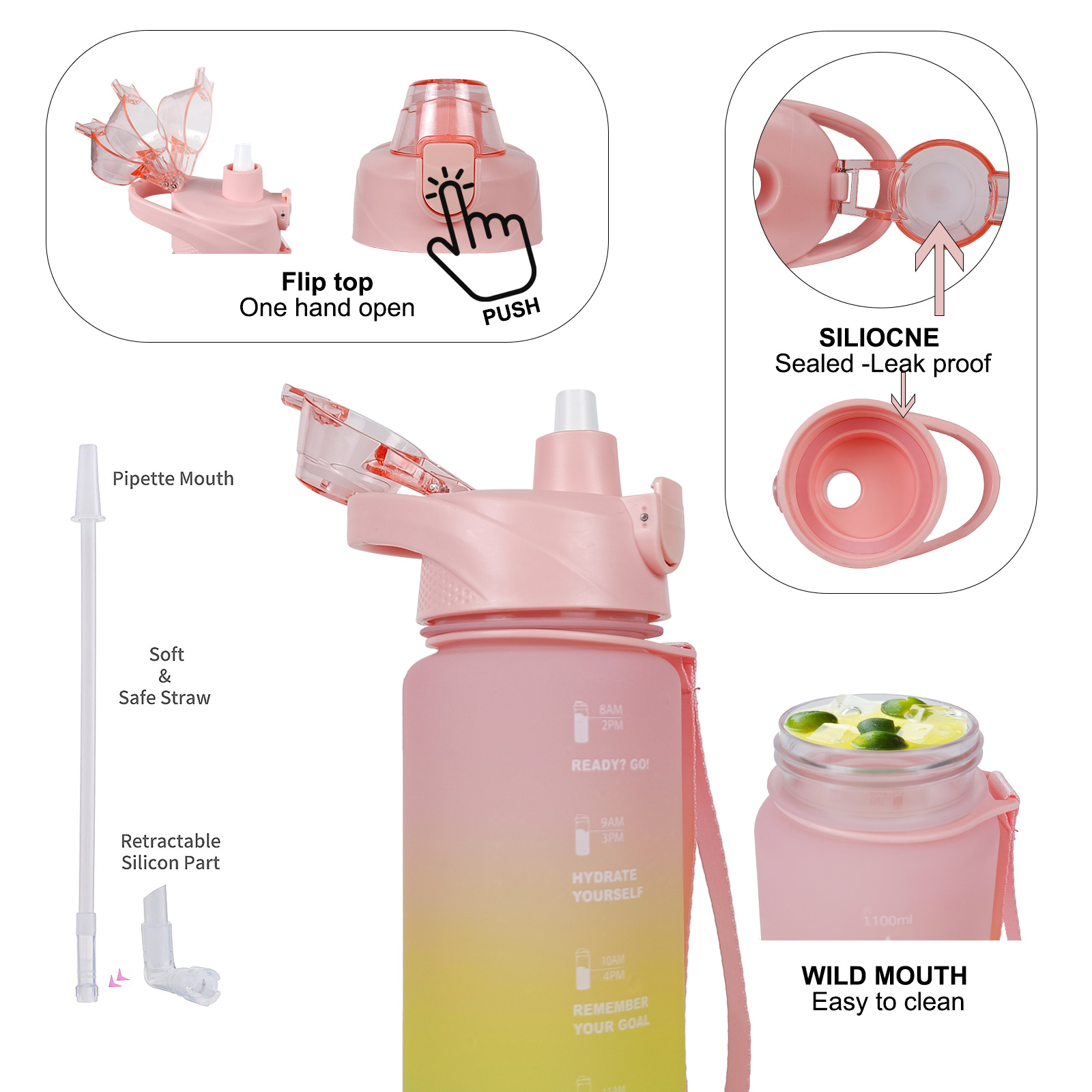 THVALUE 1.0L Customized Logo Portable Sport Water Bottle, 32 Oz Motivational Water Bottle with Time Marker for Outdoor Sport Hiking Gym Fitness 