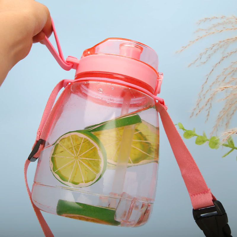 THVALUE 1.3L Large Water Bottle with Straw Adjustable Strap Timet tracker Pudding Waterbottle with Flip Top Cap for Walking Biking Hiking Camping Travel 