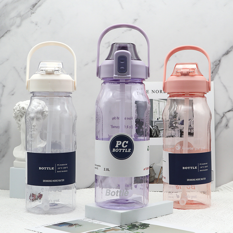 THVALUE 2.0L Large Water Bottle Flip Top with Time Marker Clear Motivational Half Gallon Water Bottle with Straw 64 Oz 