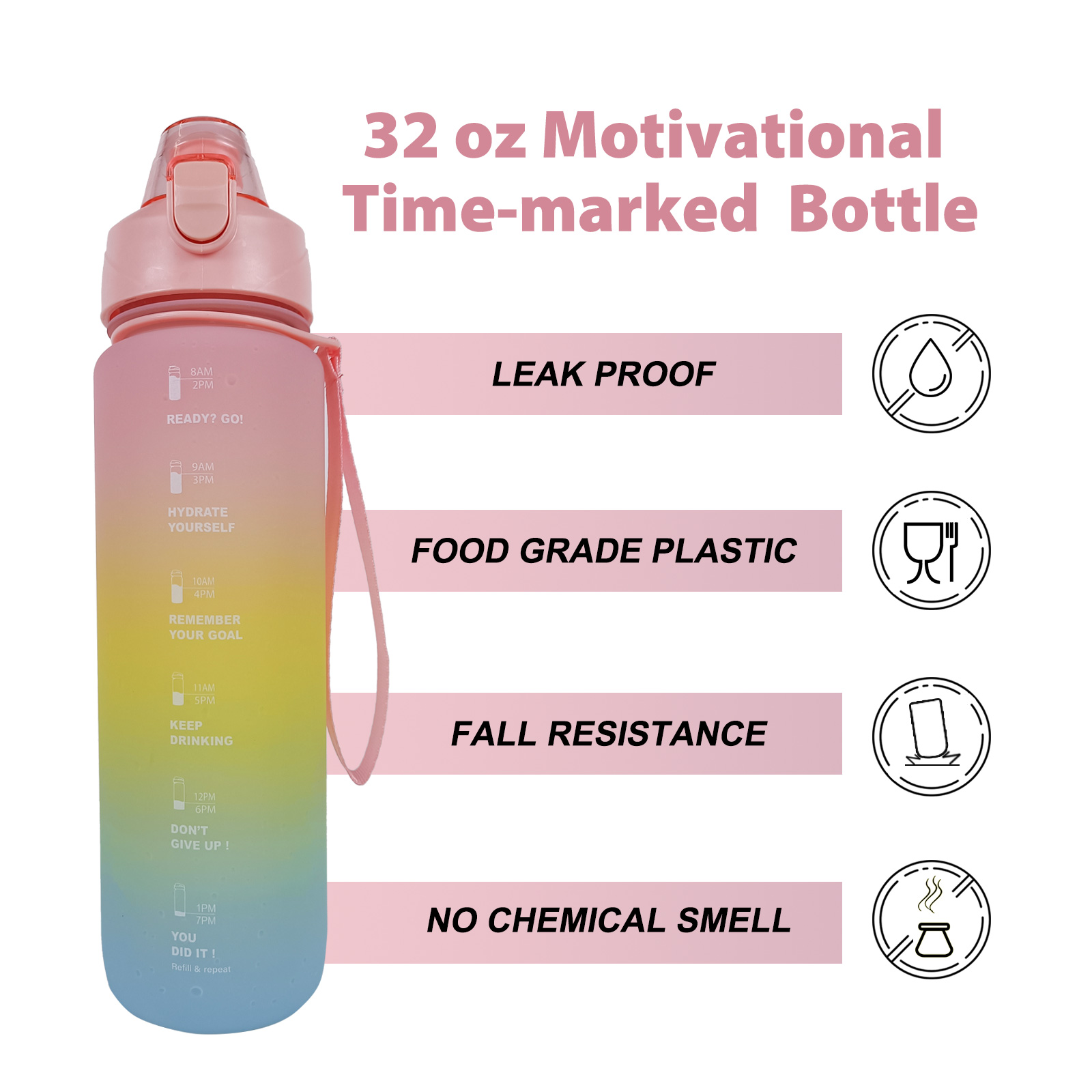 THVALUE 1.0L Customized Logo Portable Sport Water Bottle, 32 Oz Motivational Water Bottle with Time Marker for Outdoor Sport Hiking Gym Fitness 