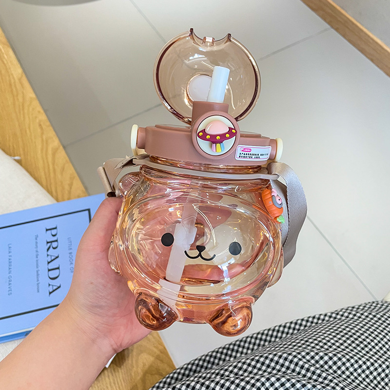 THVALUE 32 Oz Kawai Water Bottle with Straw And Strap Cute Plastic Kids Water Bottle for School 1000ml 