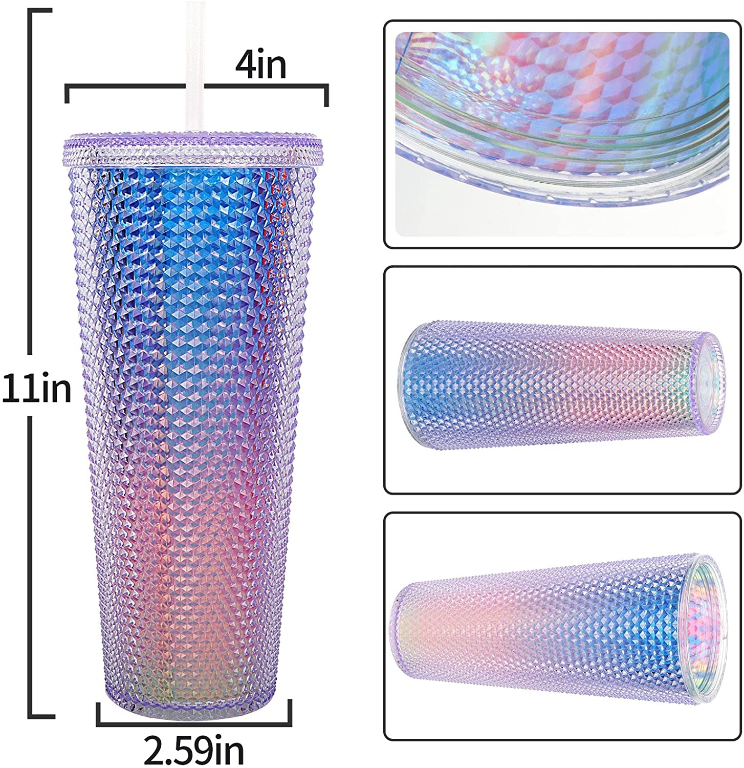 THVALUE 24oz Studded Double Wall Plastic Tumblers with Straw Color Changing Cold Water Cups with Leakproof Lids And Straw Reusable Large Coffee Tumblers