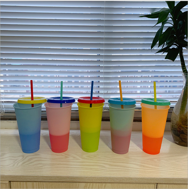 PP Temperature Sensitive Plastic Color Changing Cup Cold Water Coffee Colorful Rainbow Straw Cup