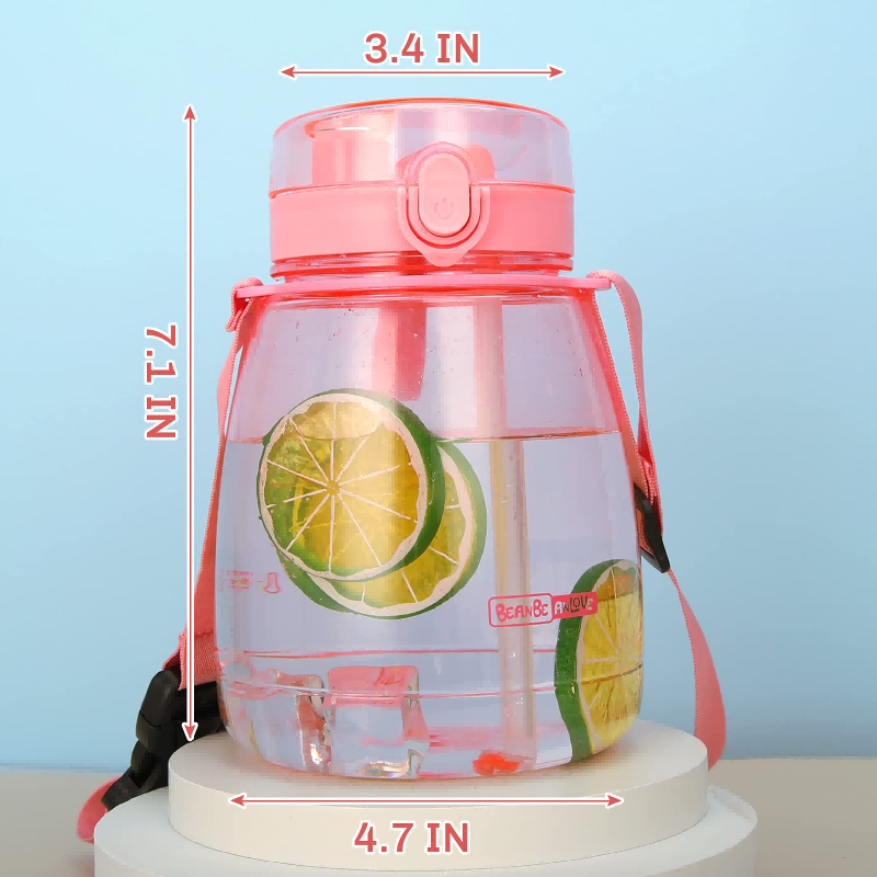THVALUE 1.3L Large Water Bottle with Straw Adjustable Strap Timet tracker Pudding Waterbottle with Flip Top Cap for Walking Biking Hiking Camping Travel 