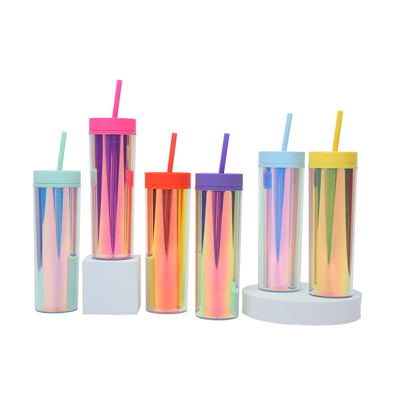 THVALUE 16 Oz/480ml Gradient Color Plastic Tumbler with Straw ,ice Tumbler Double Wall Plastic Water Cup for Summer 