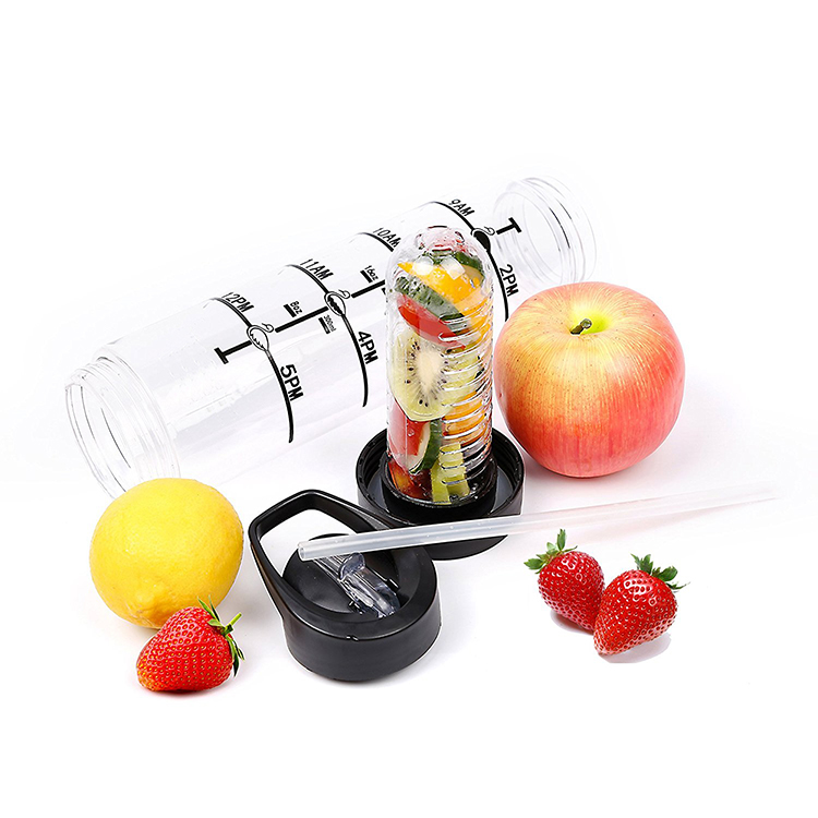 Large Infused Fruit Water Infusion Bottles Time Markings Leak Proof Sport BPA Free Straw Travel Water Bottle