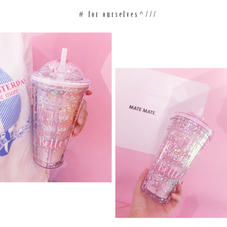 Wholesale Creative Cup Plastic Graffiti Star Double Cup Slide Cap Ins Coffee Cup Cup Creative (1)