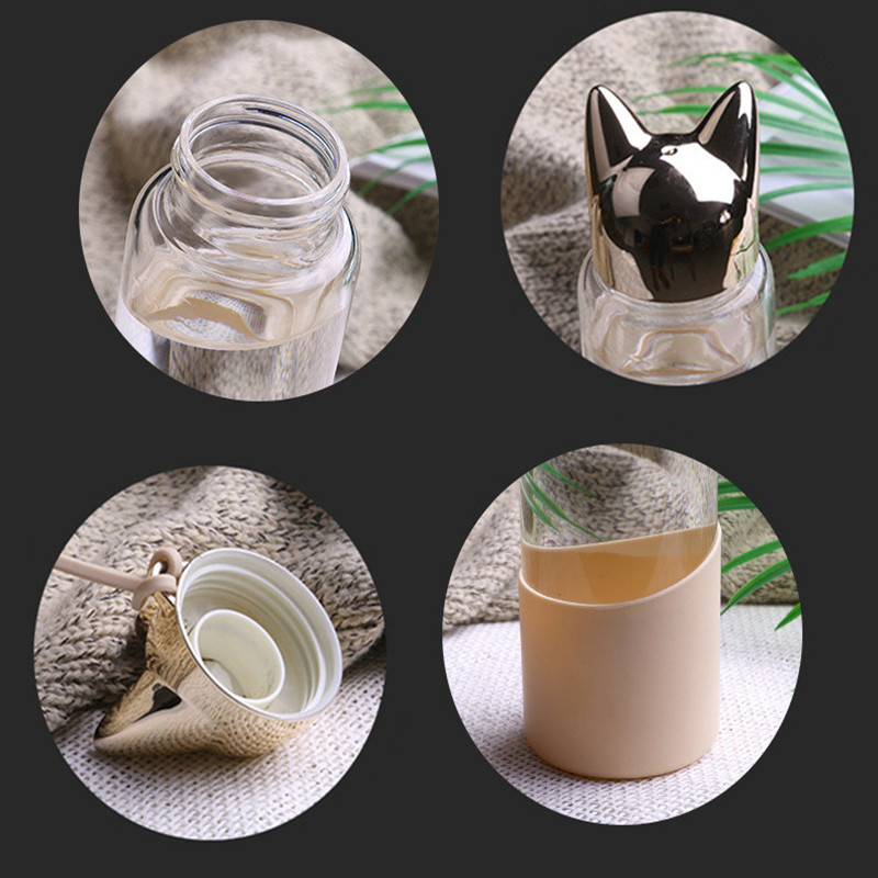 Creative Flash Fox Water Bottle with Rope Cute Cartoon Portable Outdoor Women Glass Drinking Bottles Insulation Cover