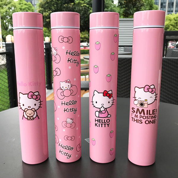 Anti-wolf stick stainless steel bottle Cady cat cartoon student lady pink slender bottle